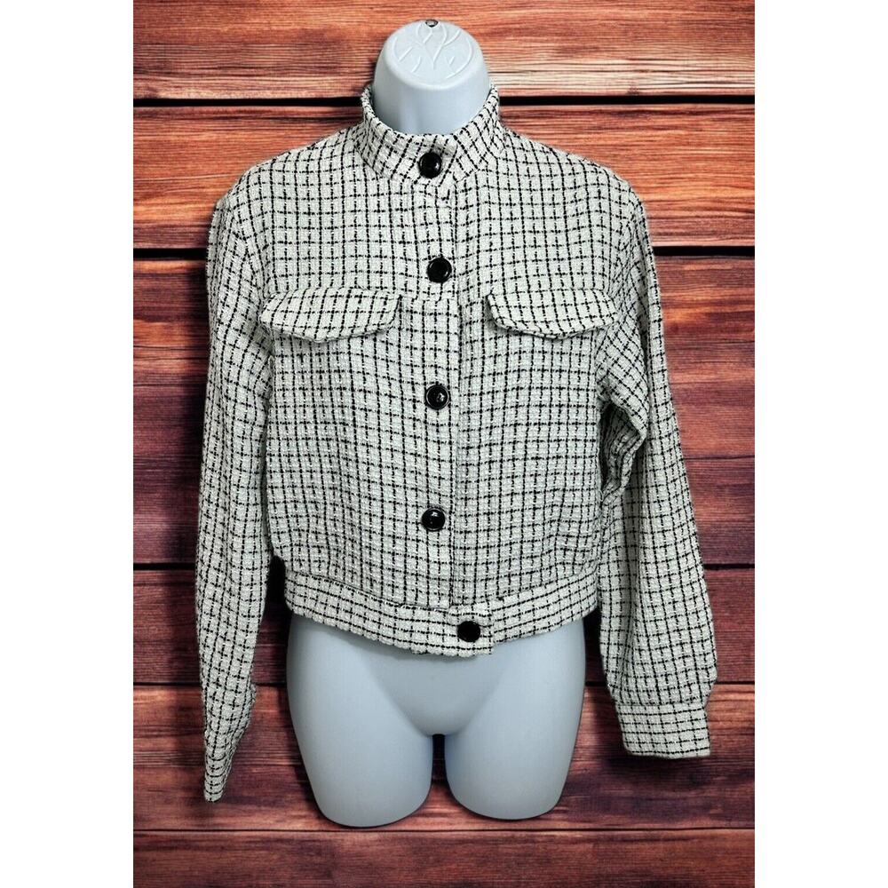 Shein Essnce Plaid Tweed Jacket Sz Small Black White Button Front Stand Collar
